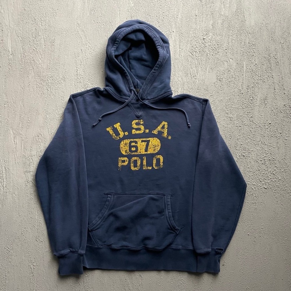 Vintage Polo Ralph Lauren Graphic U.S.A. 67 Hoodie Men Large Navy Y2K